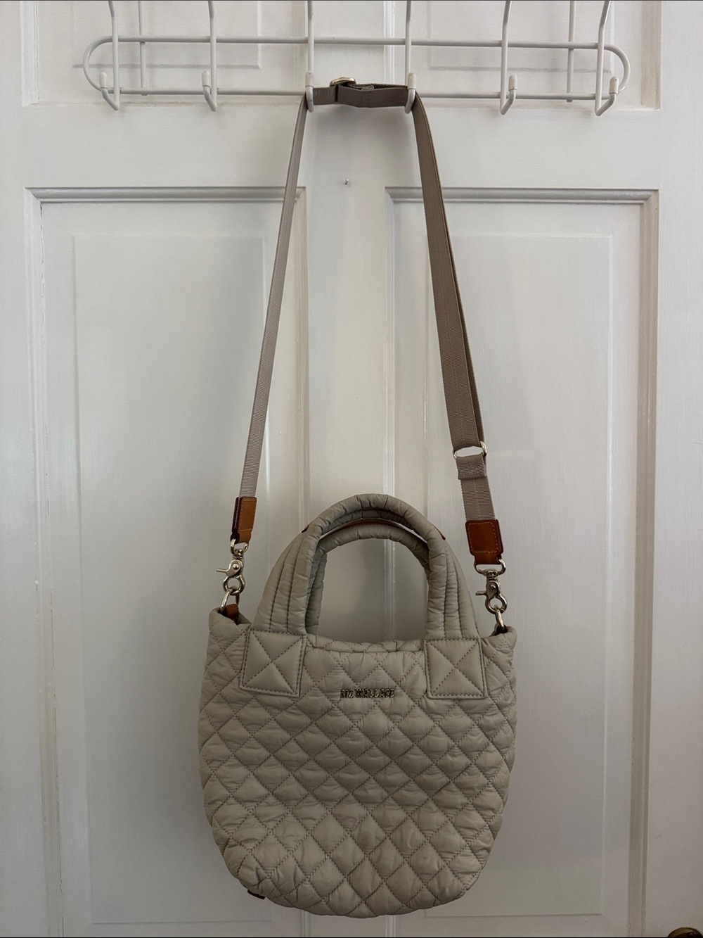 MZ Wallace Quilted Mini Tote in Light Beige with Tan Accents